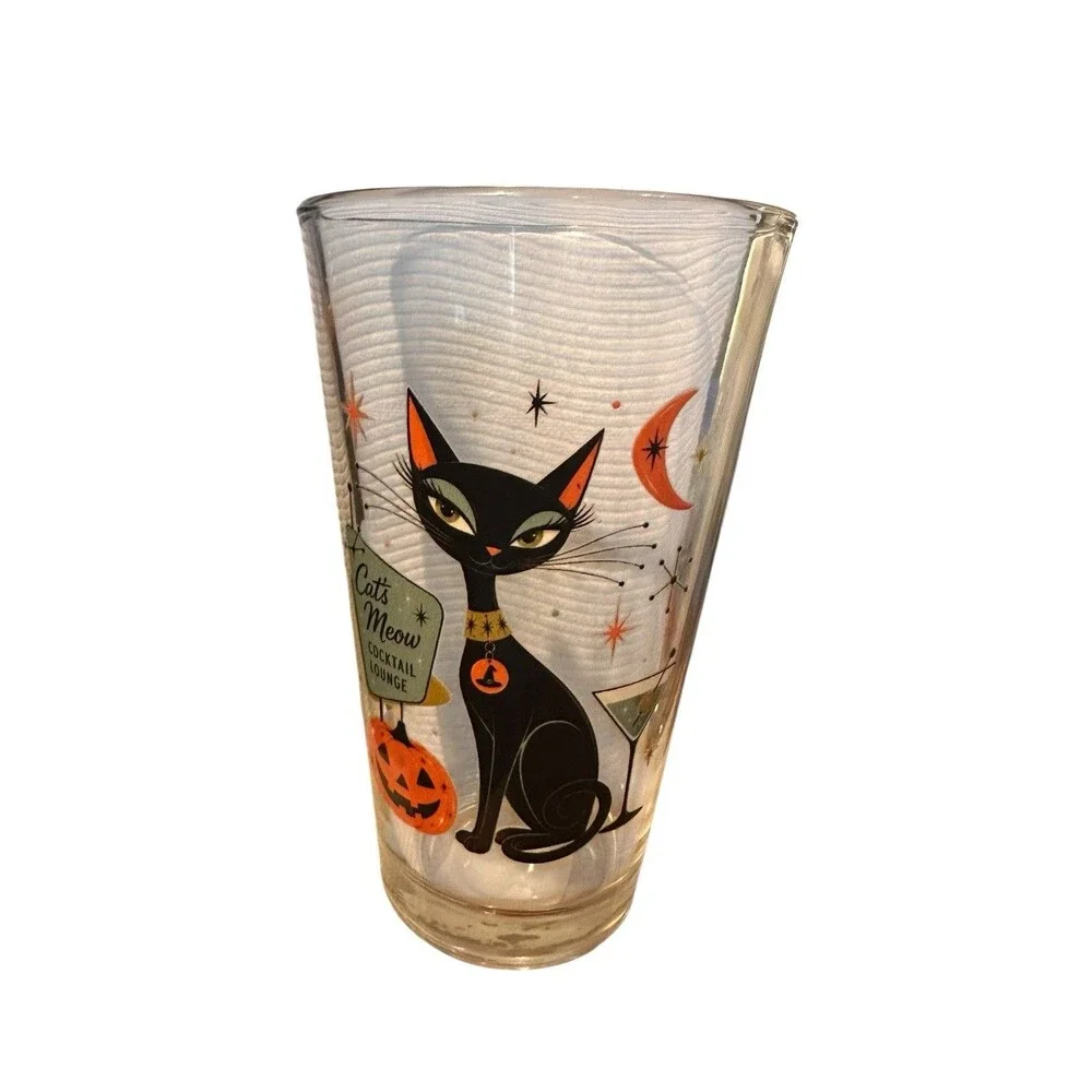 2- 16 oz Retro Halloween Black Cat Cocktail Glass, Heavy Pilsner Beer Glass